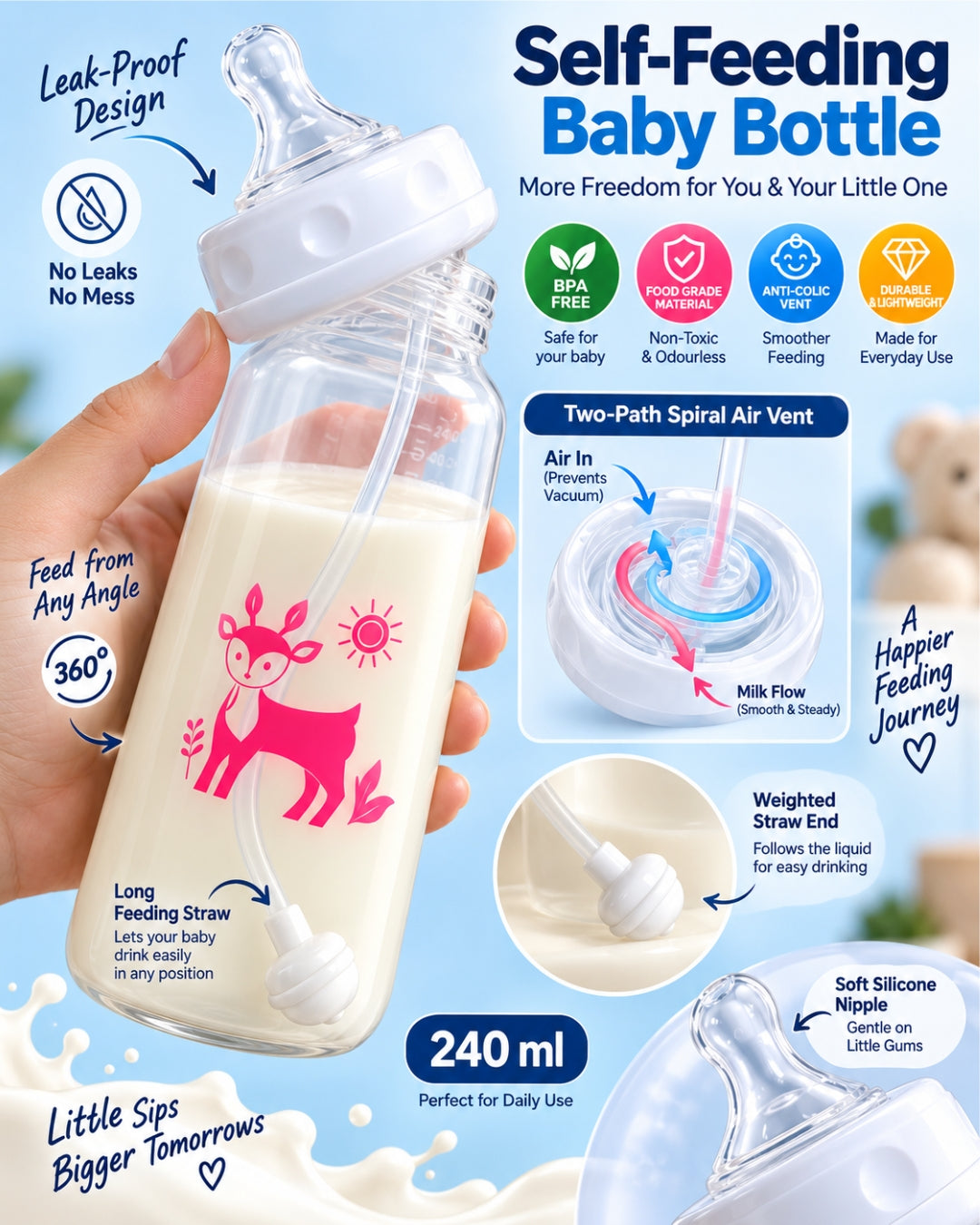 Self-Feeding Baby Bottle – Hands-Free Anti-Colic Bottle | 240ml
